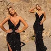 Runway Dresses Shiny Black Mermaid Prom Deep V Neck aftonklänning Custom Made Sequined Side Split Party Gown