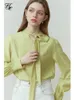 Camicette da donna FSLE camicia solida con colletto alla coreana stile coreano per donna Primavera Autunno doppia usura fiocco in fibra di acetato femminile