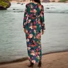 Robes décontractées Mode féminine Robe imprimée florale colorée Français Vintage Col V Irrégulière Plissée Élégante Manches longues