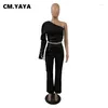 Women's Two Piece Pants CM.YAYA Set Faux Leather Patchwork One Shoulder Crop Shirt And Wide Leg Suit 2024 2 Outfit Tracksuit