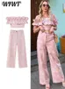 Women's Two Piece Pants Embroidery Crop Tops Sets Women 2024 Summer Fashion Slash Neck Pleated 2 Elegant Office Lady Full-Length