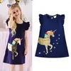 Kız Elbiseler Dxton Girls Cartoon Unicorn Elbise 2024 Toddler Pulin Sundress Uçan Kollu Vestidos Sıradan Çocuk Giyim Yaz 3-8 Yıl