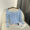 Women's Blouses 2024 Arrival Top Quality Elegant Winter Slim Puff Sleeve Sky Blue Square Collar Patchwork Ruched Blouse For Women