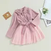 Girl Dresses Autumn Kids Girls Dress Wedge Block Pattern Mesh Patchwork Turn-Down Collar Long Sleeve Fall Princess With Belt