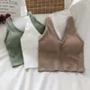 Camisoles tanques roupa interior sem fio v-tie coreano com almofada no peito de malha push up sutiã esportes