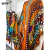 Dwuczęściowe spodnie kobiet Winyi 2024 Dwuczęściowy garnitur z paskiem głowy enagant drukowane Kimonos Batwing Sleeve Women Silk Floor Długość Moda