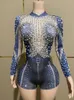 Stage Wear Sparkly Rhinestones White Pearls Long Sleeves Bodysuit For Women Sexy Celebrate Evening Prom Birthday Pography Shoot