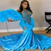 Underbara blå sjöjungfru aftonklänningar med fjäder plus storlek sammet svart flickor baddie prom klänning diamant födelsedag klänning 2024 tävling formell fest klänning elegant