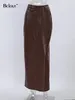 Etekler bclout zarif kahverengi deri uzun kadın moda katı ofis bayan yarık sonbahar seksi pu düz kadın 2024