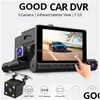 Carro DVR de alta qualidade 4 polegadas HD 1080P Gravador de vídeo Dash Cam 3 Lente Inteligente G-Sensor Câmera traseira 170 graus Grande angular Tra Resolução Dhyvn