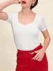 T-shirt da donna francese 2024 camicia da donna a maniche corte lavorata a maglia primavera ed estate donna pizzo cuciture cuciture elastiche manica corta Tee Top