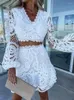 Work Dresses Lace Two Piece Sets Women Lantern Sleeve Short Skirt Suits Elegant Sexy Fashion Outifits Summer Holiday Dress Hollow