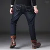 Herenjeans 2024 Winter Warm Voor Mannen Slanke Rechte Plus Fluwelen Dikke Denim Broek Stretch Grote Maat Klassieke Casual Lange Broek