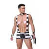 Gestreepte Mannen Gevangene Kostuum Halloween Cosplay Uniform Sexy Lingerie Set Jarretel Boxershorts Met Hoed Ketting Kraag Polsbandjes299r