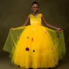 Robes de fille de fleur jaune foncé col transparent robes de bal en tulle à plusieurs niveaux robe de demoiselle d'honneur princesse reine fleurs faites à la main perle robe de fête d'anniversaire robes pour les filles NF072