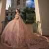 2024 Sexy Pink Quinceanera Dresses Ball Gown Off Shoulder Rose Gold Sequined Lace Appliques Crystal Beads Puffy Party Dress Prom Evening Gowns With Cape 0513