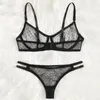 Conjuntos de sutiãs mulheres malha sheer sutiã conjunto transparente oco sem costura cor sólida tanga elástica íntima lingerie ajustável