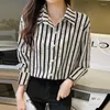 Blusas femininas oversized manga longa blusa de chiffon para mulheres camisas casuais de escritório coreano preto e branco camisa listrada y2k camisas y