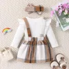 Vêtements d'automne pour bébés filles, ensemble de vêtements d'automne, à la mode, en coton, à volants, barboteuse à carreaux, jupe à bretelles, bandeau, 3 pièces, tenues pour tout-petits