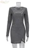 Casual Dresses ClaceLive Elegant Grey Glitter för kvinnor Bodycon o-hals långärmad miniklänning Lady Fashion Slit Party Kvinna