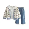 Kleding Sets OLEKID 2024 Lente Herfst 3 STKS Meisjes Set Vest Trui Jas Lange Mouw Gewassen Jeans Broek Babykleertjes