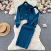 Arbeitskleider SINGREINY Winter Perlen gestrickte Anzüge Frauen lose Langarm Pullover Midi Kleid Mode warme Pullover Zweiteilige Sets