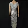Stage Wear Bar Nightclub Silver Sequins Tassel Long Dress For Singer Dancer Performance Costume Club Party Show