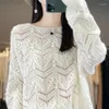 Frauen Pullover Herbst 2024 Rundhals Kaschmir Pullover Lose Hohl Häkeln Koreanische Pullover Wolle Gestrickte Basis