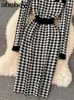 Casual Jurken Roze Houndstooth Herfst Gebreide Midi Jurk Dames O Hals Lange Mouw Elastische Taille Sexy Gebreide Vrouwen Slanke Warme Trui