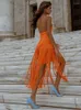 Casual Kleider Frauen Orange Quaste Verband Kleid Sexy Halter Kragen Backless Bodycon Club Party Abend Runway Vestidos 2024 Sommer