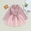 Girl Dresses Autumn Kids Girls Dress Wedge Block Pattern Mesh Patchwork Turn-Down Collar Long Sleeve Fall Princess With Belt