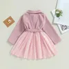 Girl Dresses Autumn Kids Girls Dress Wedge Block Pattern Mesh Patchwork Turn-Down Collar Long Sleeve Fall Princess With Belt