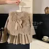 Clothing Sets Kid Clothes Suit Korean Style The Girl Autumn And Winter Children Fashion Fur Coat Knitted Top Pleated Leather Skirt