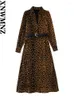 Casual Kleider XNWMNZ 2024 Frauen Mode Gürtel Animal Print Kleid Frau Vintage V-ausschnitt Langarm Weibliche Chic Midi