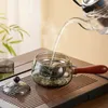 Glas-Teekanne mit Holzgriff, chinesische Teezeremonie, reiner Tee, Kung-Fu-Tee, transparentes Teawear-Set, seitlicher Griff, Glaskessel 240124