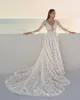 Vintage 3D çiçek gelinlik v Boyun bir çizgi uzun kollu dantel plaj gelinlikleri yan bölünmüş gelin elbise vestidos de novia