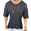 قمصان الرجال 2024 Men Hollow Out Sexy Broyes T-Shirt let-shirtwear غير رسمية قصيرة من الأكمام القصيرة O