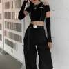 Kvinnors T-skjortor Houzhou Punk Goth Hollow Out Crop Top Women Hip Hop Y2K Patchwork Kort ärm T-shirt gotisk svart koreansk streetwear