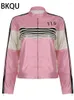 Jaquetas femininas BKQU Y2K American PU Couro Mulheres 2024 Contraste Cor Patchwork Carta Impressão Zipper Motocicleta Racing Jacket Casacos