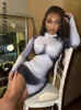 Casual Dresses Boofeenaa 3D Body Printed Short Y2K Streetwear Long Sleeve Mini BodyCon Dress 2024 I Sexy Club Outfits C85-BD20