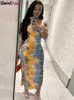 Casual Jurken Raar Poes Zijsplit Dames Maxi-jurk Schuine kraag Blote schouder Kwastje Kleurrijke print Zomervakantie Festival Feest Bodycon