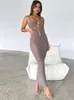 Casual Dresses BOOFEENAA Hollow Sheer Mesh Patchwork Bodycon Dress Going Out Party Nightclub Sexy Spaghetti Strap Backless Long C66-BG18