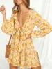 Robes décontractées Vintage Chic Femmes Floral Imprimer Deep Bow Cou Lâche Bohème Mini Robe Dames Manches Longues Volants Coton Boho Robes