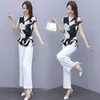 Women's Two Piece Pants Suits Female For Summer 2024 Woman Set Pantsuits Elegant Chiffon Asymmetrical Tops & Wide Leg Trousers 2 Clothes