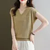 Kvinnors mode Jacquard elegant tunna stickade tshirts Summer V Neck Short Sleeve Loose Pullover Tops Solid Casual Ropa de Mujer 240129