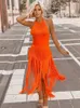 Casual Kleider Frauen Orange Quaste Verband Kleid Sexy Halter Kragen Backless Bodycon Club Party Abend Runway Vestidos 2024 Sommer