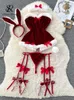 브라스 세트 Singreiny Cosplay Rabbit Maid Sexy Nightwear Halter Splice Fur Bow Bow Bow Lingerie Combination 크리스마스 에로틱 포르노 속옷