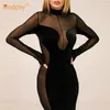 Casual Dresses Chic Hollow Out Velvet Mini Dress Female 2024 Spring Long Sleeve Sheer Mesh Patchwork Skinny Party Club Wear Rave Outfits