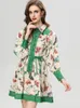 Women's Runway Dresses Turn Down Collar Long Sleeves Printed Lace Up High Streeet Fashion Designer European Vestidos