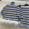 Women's Two Piece Pants designer 2024 early spring new Nanyou MIU contrasting striped feather patchwork polo knit top+skirt set RENF